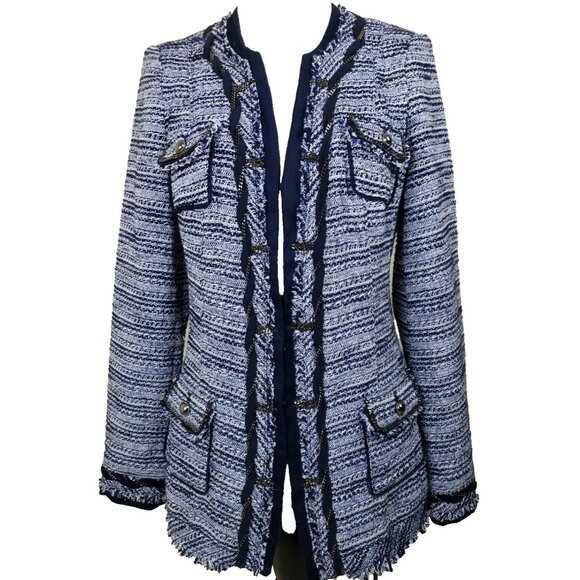 White House Black Market Tweed Jacket Womens 2 Chain Embellished Blazer Blue - Picture 1 of 12